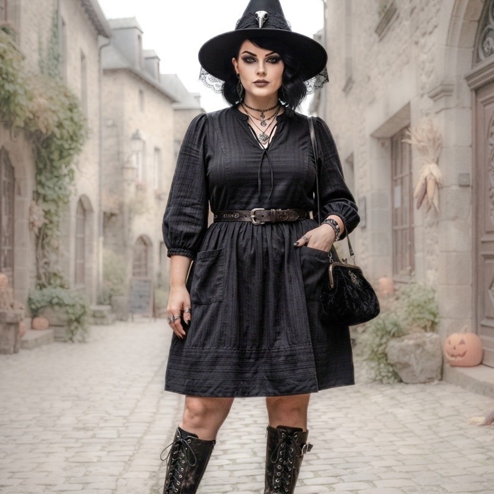 Black Cotton Shift Tunic Peasant Dress Size XXL Pockets Modest Halloween Witchy